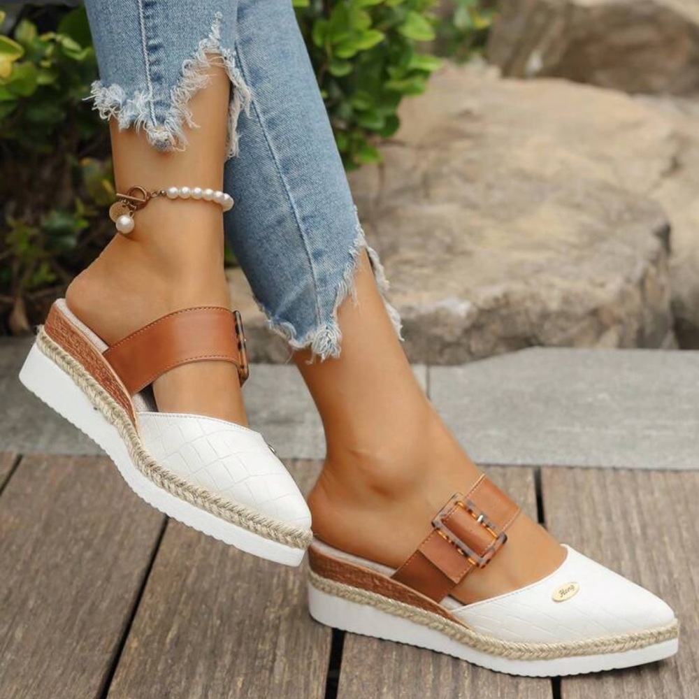 Rebellious Rose White and Tan Wedge Mules with Buckle - Picture 2 of 6